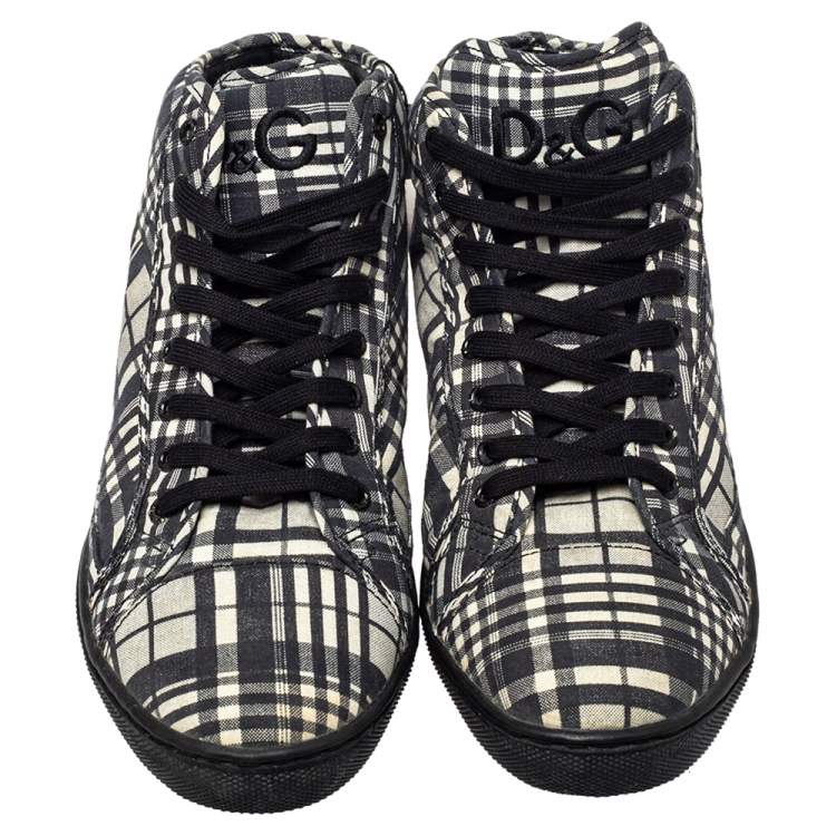 Pre Owned Dolce & Gabbana White/ Black Check Fabric High Top Sneakers Size 41