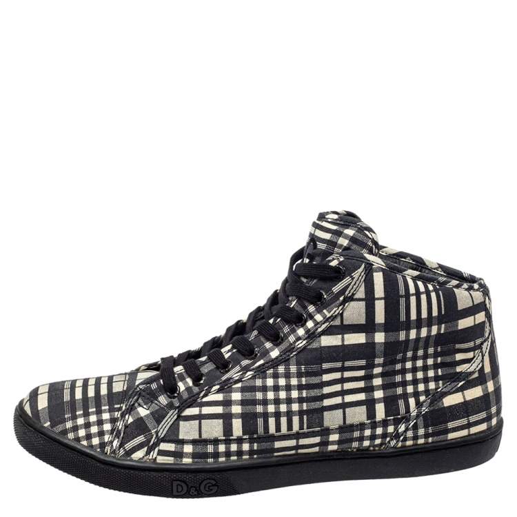 Pre Owned Dolce & Gabbana White/ Black Check Fabric High Top Sneakers Size 41