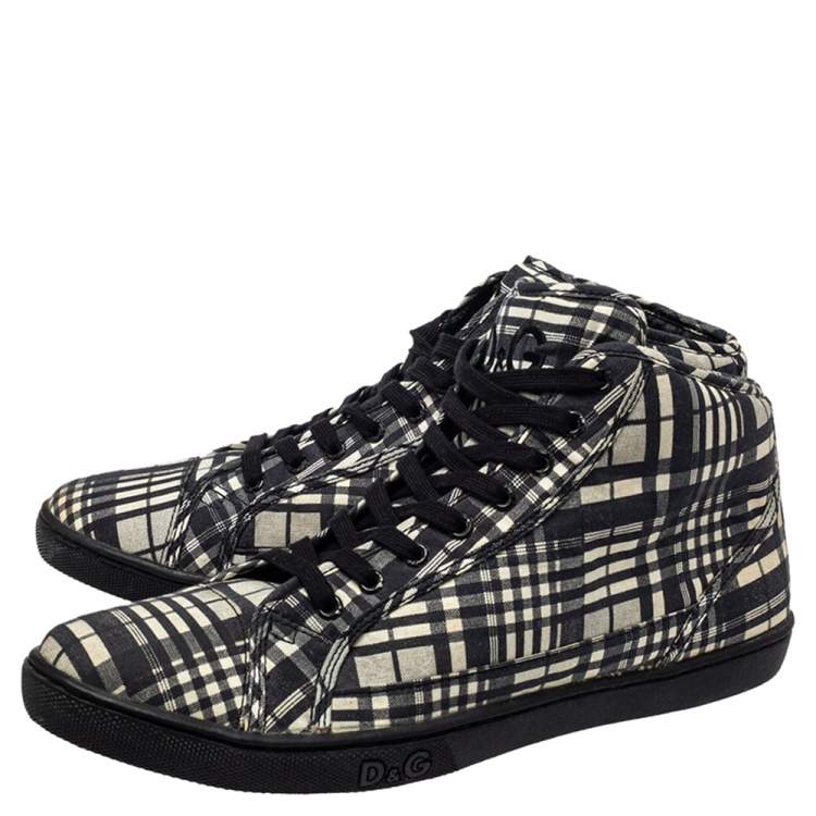 Pre Owned Dolce & Gabbana White/ Black Check Fabric High Top Sneakers Size 41