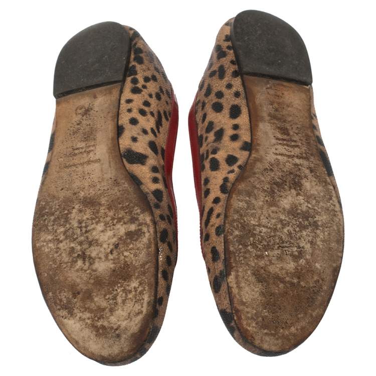 مملوكة مسبقًا Dolce & Gabbana Brown Leopard Print Coated Canvas and Patent Leather Bow Detail Ballet Flats Size 39