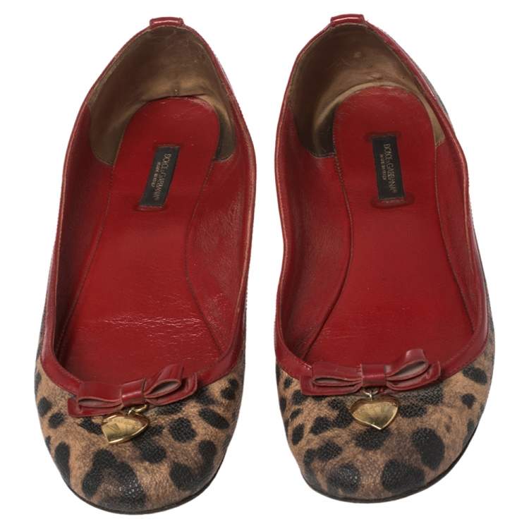 مملوكة مسبقًا Dolce & Gabbana Brown Leopard Print Coated Canvas and Patent Leather Bow Detail Ballet Flats Size 39