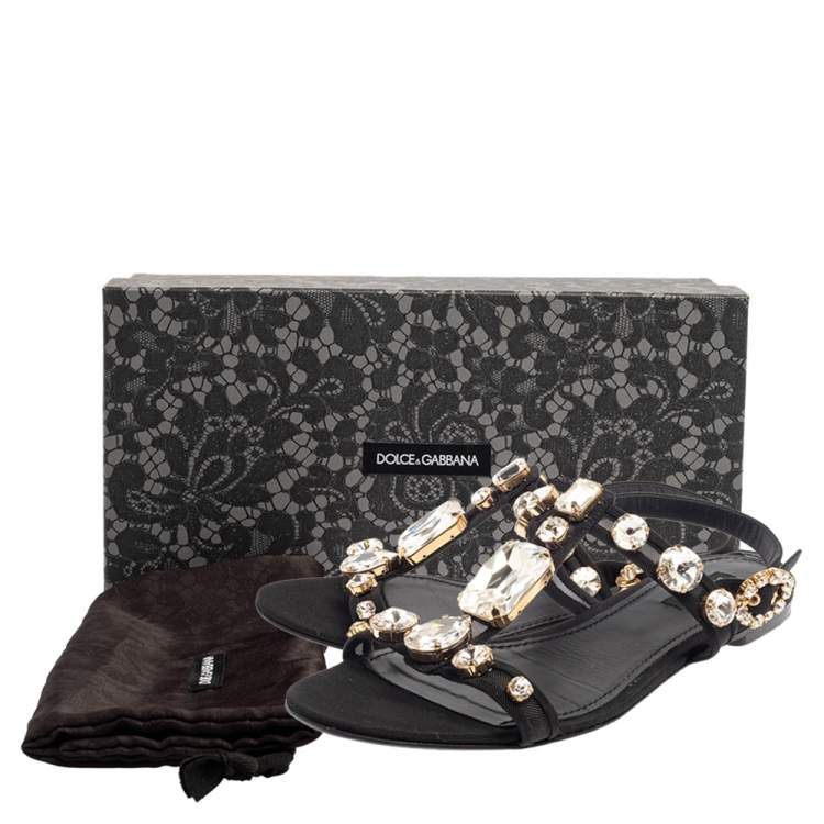 Pre Owned Dolce & Gabbana Black Mesh and Fabric Crystal Embellished Thong Flats Size 39.5 