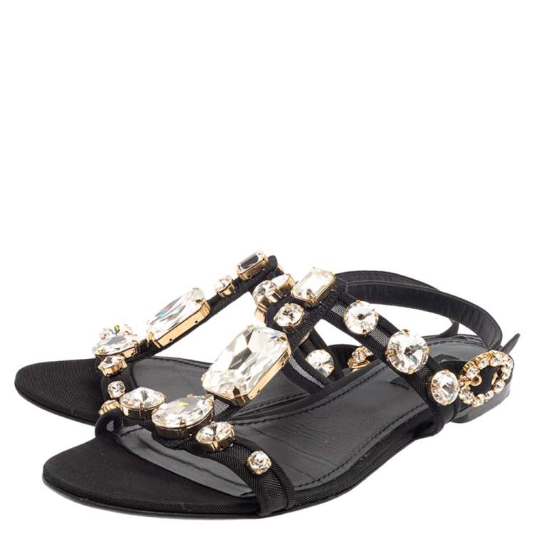 Pre Owned Dolce & Gabbana Black Mesh and Fabric Crystal Embellished Thong Flats Size 39.5 