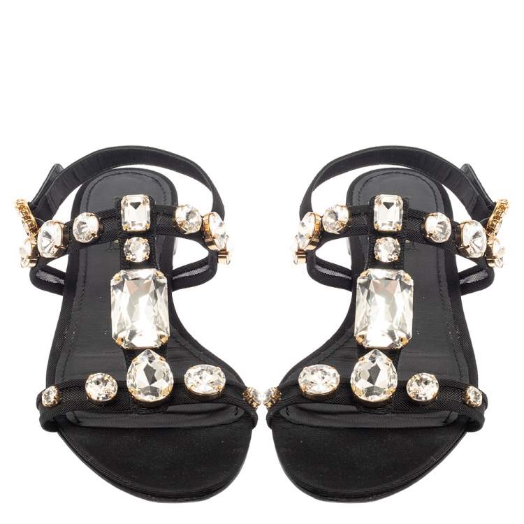 Pre Owned Dolce & Gabbana Black Mesh and Fabric Crystal Embellished Thong Flats Size 39.5 