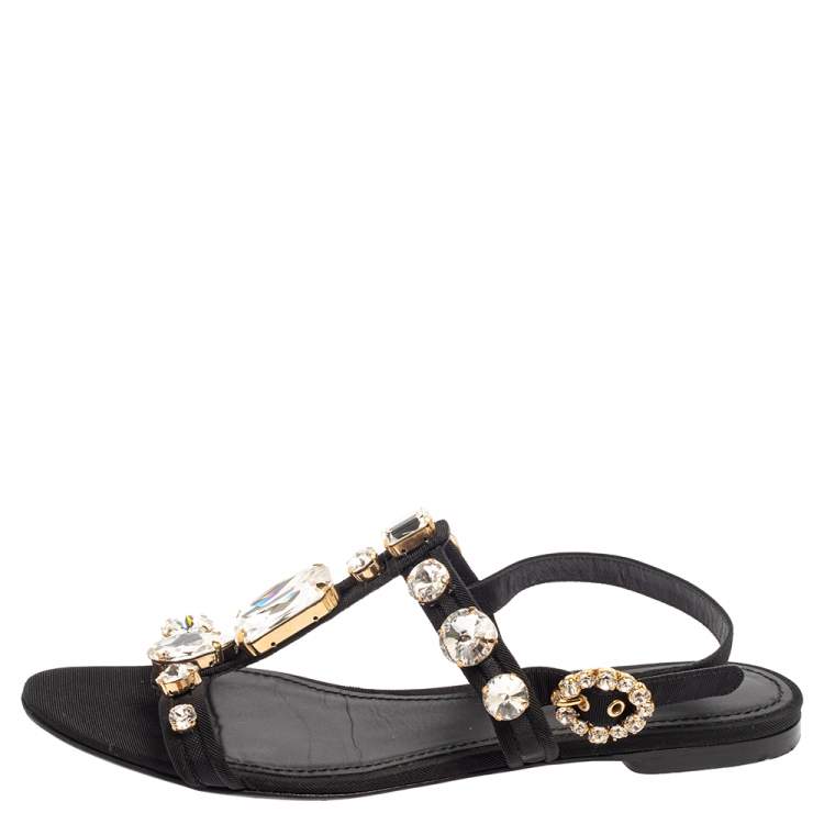 Pre Owned Dolce & Gabbana Black Mesh and Fabric Crystal Embellished Thong Flats Size 39.5 