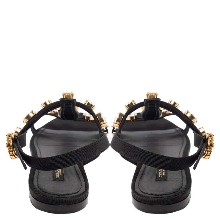 Pre Owned Dolce & Gabbana Black Mesh and Fabric Crystal Embellished Thong Flats Size 39.5 