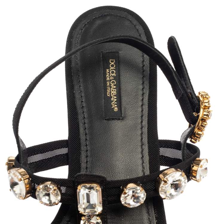 Pre Owned Dolce & Gabbana Black Mesh and Fabric Crystal Embellished Thong Flats Size 39.5 