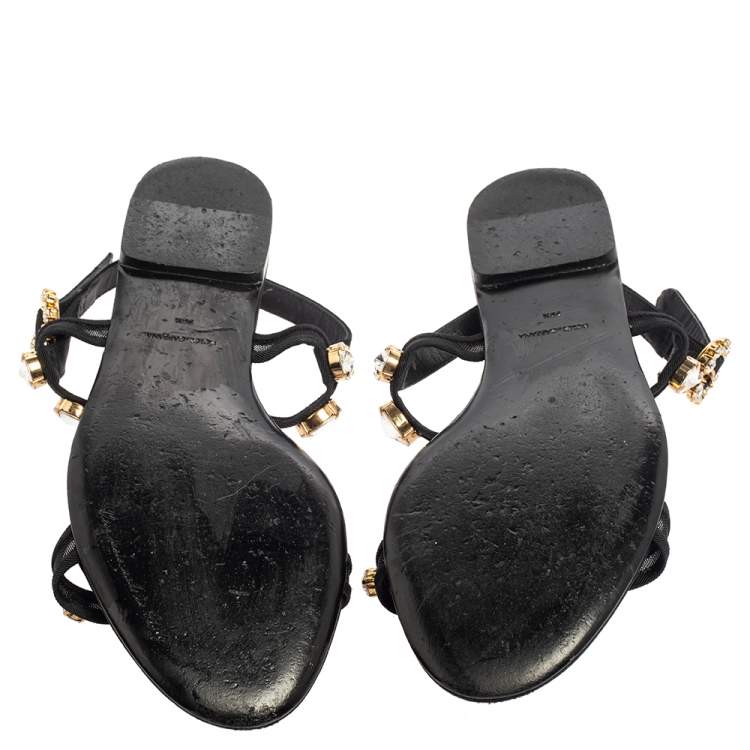 Pre Owned Dolce & Gabbana Black Mesh and Fabric Crystal Embellished Thong Flats Size 39.5 