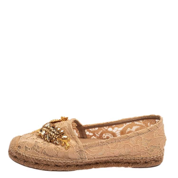 Pre Owned Dolce & Gabbana Beige Lace Crystal-Embellished Espadrille Flats Size 38