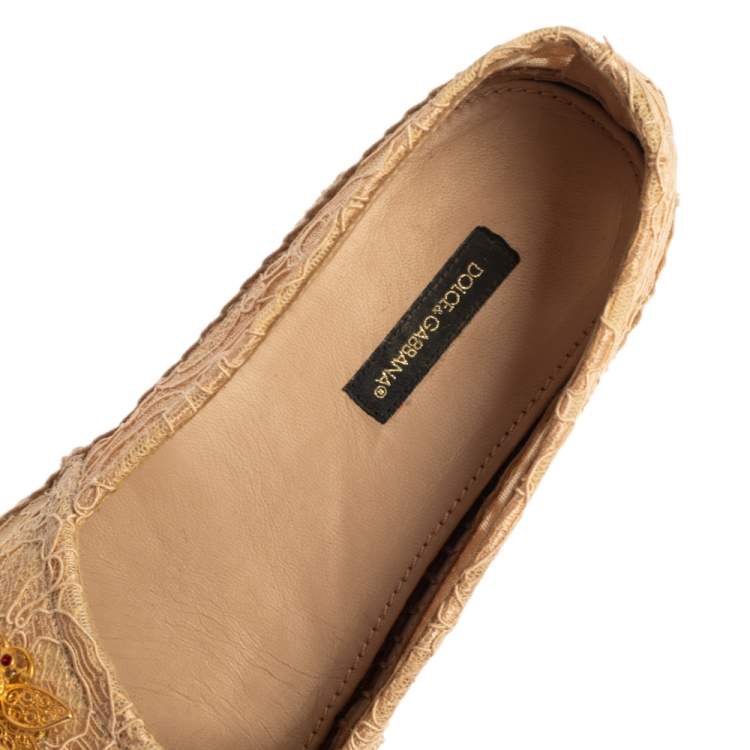 Pre Owned Dolce & Gabbana Beige Lace Crystal-Embellished Espadrille Flats Size 38