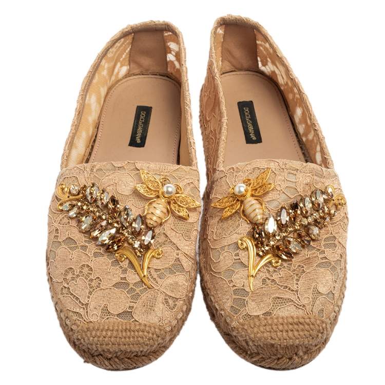 Pre Owned Dolce & Gabbana Beige Lace Crystal-Embellished Espadrille Flats Size 38