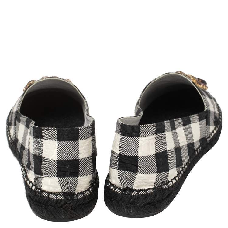 Pre Owned Dolce & Gabbana Black/White Check Canvas Embellished Espadrille Flats Size 41