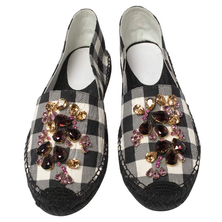 Pre Owned Dolce & Gabbana Black/White Check Canvas Embellished Espadrille Flats Size 41