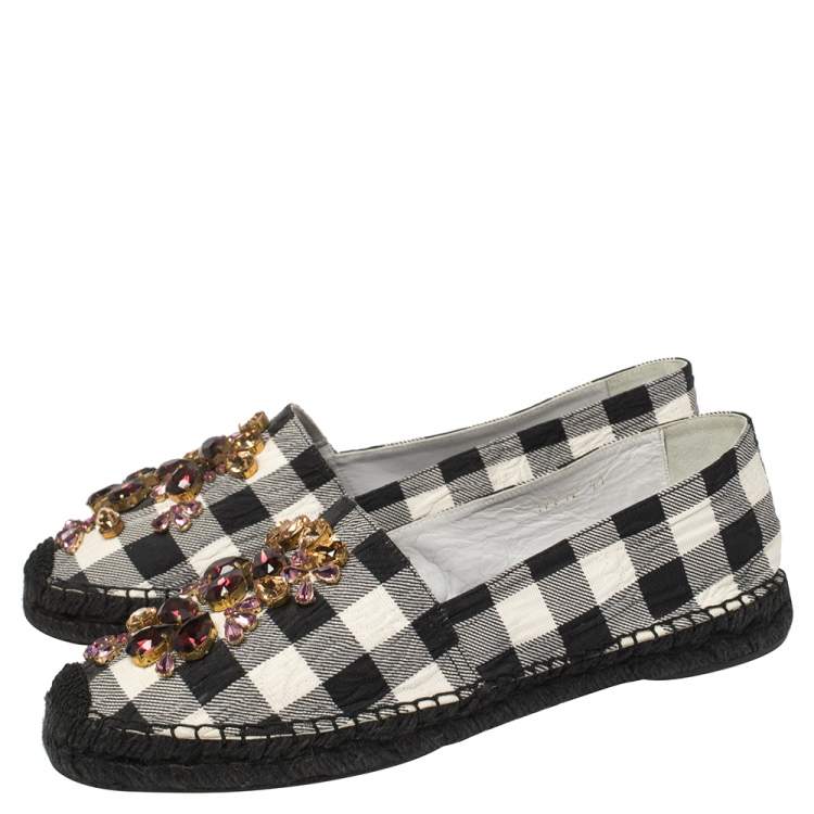 Pre Owned Dolce & Gabbana Black/White Check Canvas Embellished Espadrille Flats Size 41