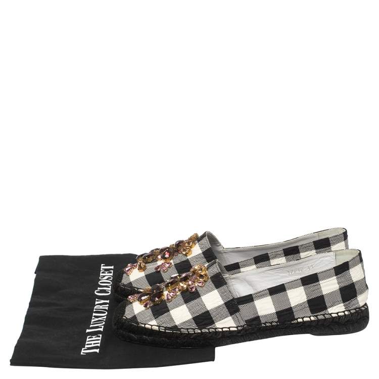 Pre Owned Dolce & Gabbana Black/White Check Canvas Embellished Espadrille Flats Size 41