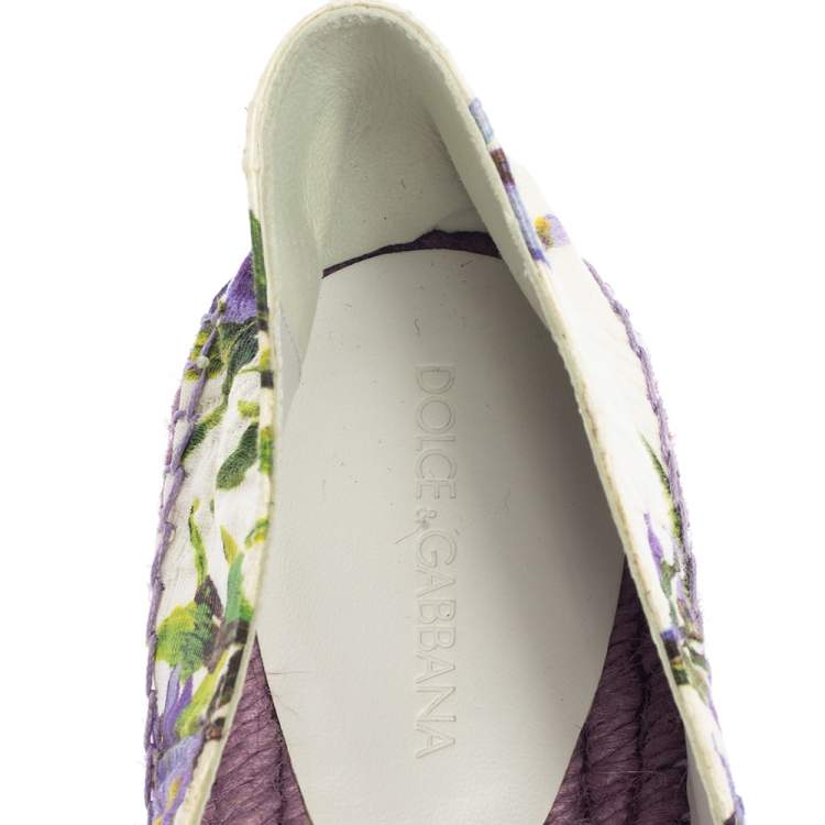 Pre Owned Dolce & Gabbana White Floral Print Canvas Crystal Embellished Espadrille Flats Size 41