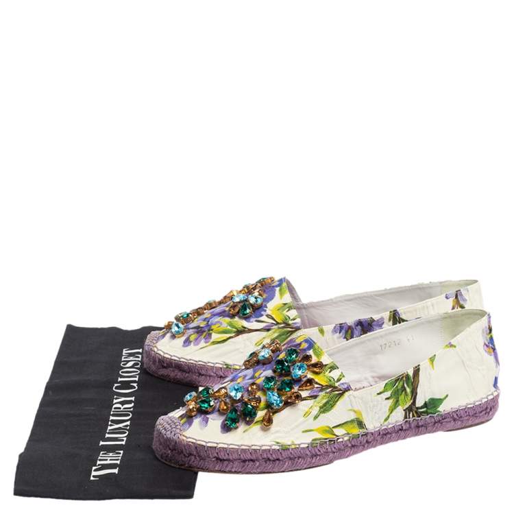 Pre Owned Dolce & Gabbana White Floral Print Canvas Crystal Embellished Espadrille Flats Size 41