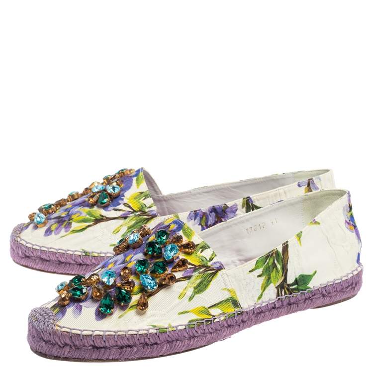 Pre Owned Dolce & Gabbana White Floral Print Canvas Crystal Embellished Espadrille Flats Size 41