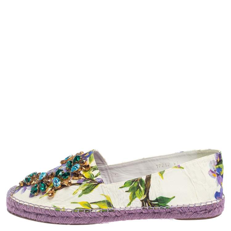 Pre Owned Dolce & Gabbana White Floral Print Canvas Crystal Embellished Espadrille Flats Size 41