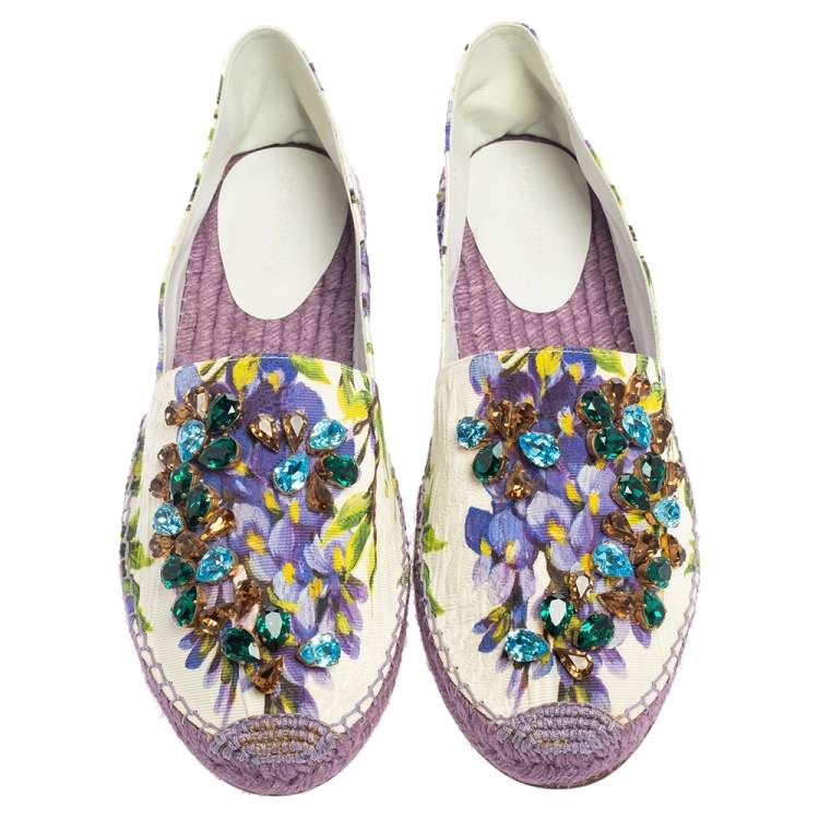 Pre Owned Dolce & Gabbana White Floral Print Canvas Crystal Embellished Espadrille Flats Size 41