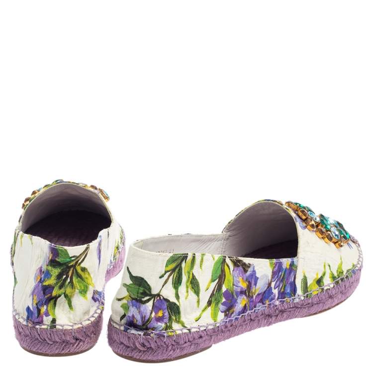 Pre Owned Dolce & Gabbana White Floral Print Canvas Crystal Embellished Espadrille Flats Size 41