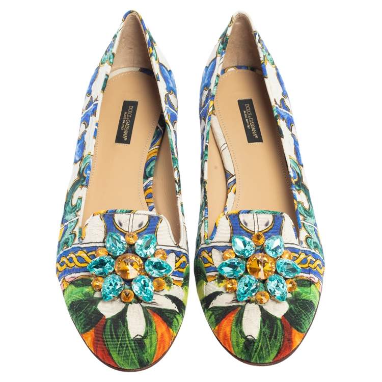 مملوكة مسبقًا Dolce & Gabbana Multicolor Printed Canvas Crystal Embellished Smoking Slippers Size 41