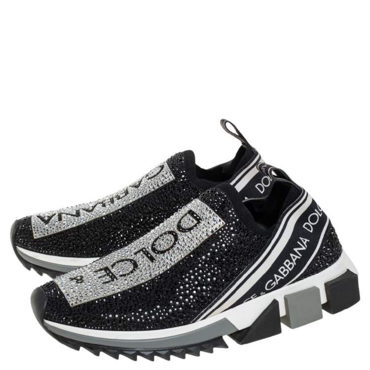 Pre Owned Dolce & Gabbana Black/Silver Fabric Sorrento Crystal-Embellished Sneakers Size 37