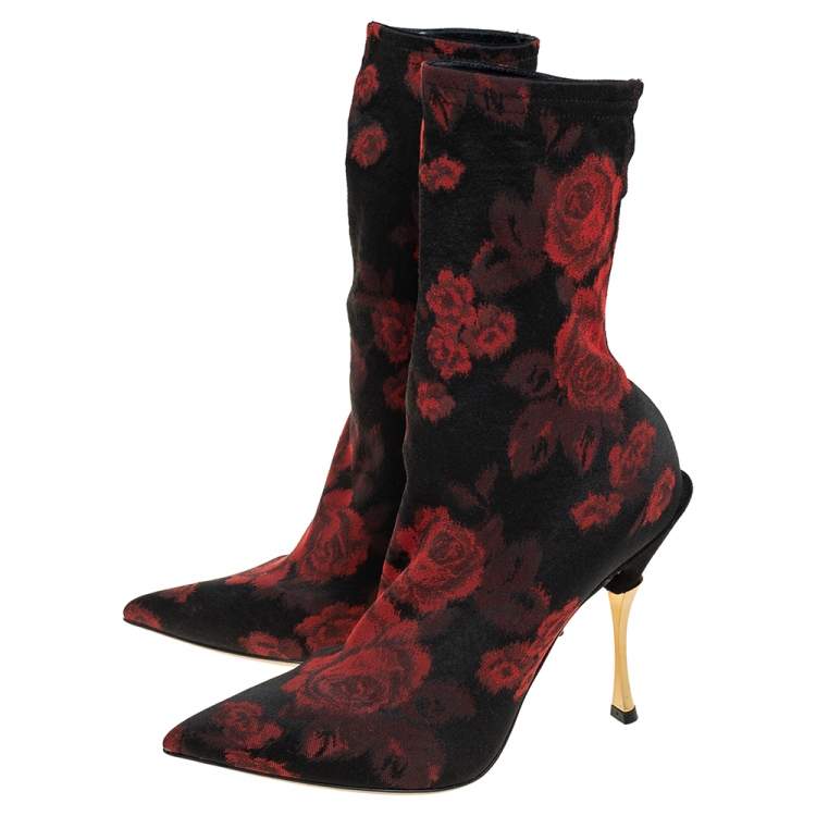 Pre Owned Dolce & Gabbana Black/Red Gardinale Stretch Fabric Ankle Booties Size 37.5