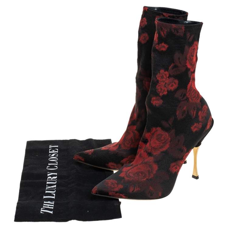 Pre Owned Dolce & Gabbana Black/Red Gardinale Stretch Fabric Ankle Booties Size 37.5