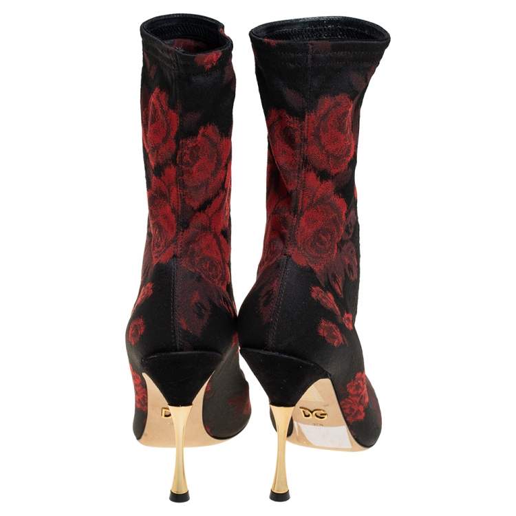 Pre Owned Dolce & Gabbana Black/Red Gardinale Stretch Fabric Ankle Booties Size 37.5