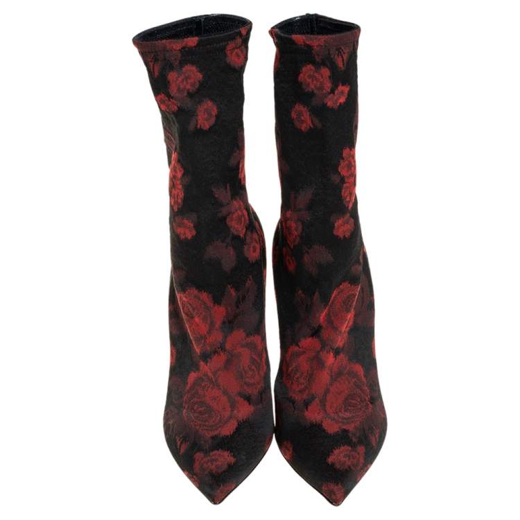 Pre Owned Dolce & Gabbana Black/Red Gardinale Stretch Fabric Ankle Booties Size 37.5