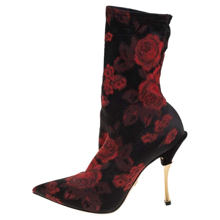 Pre Owned Dolce & Gabbana Black/Red Gardinale Stretch Fabric Ankle Booties Size 37.5