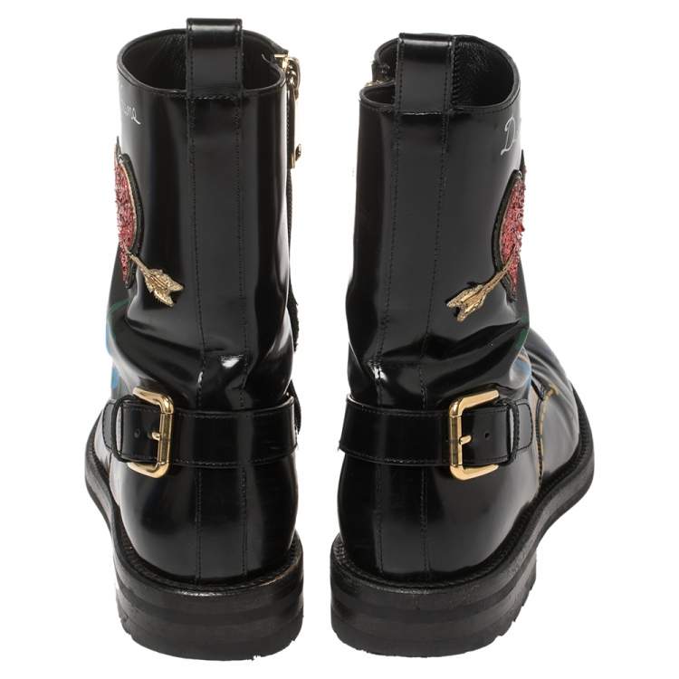 Pre Owned Dolce & Gabbana Black/Red Leather And Glitter Heart Kiss Me Ankle Boots Size 36