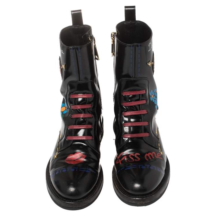 Pre Owned Dolce & Gabbana Black/Red Leather And Glitter Heart Kiss Me Ankle Boots Size 36