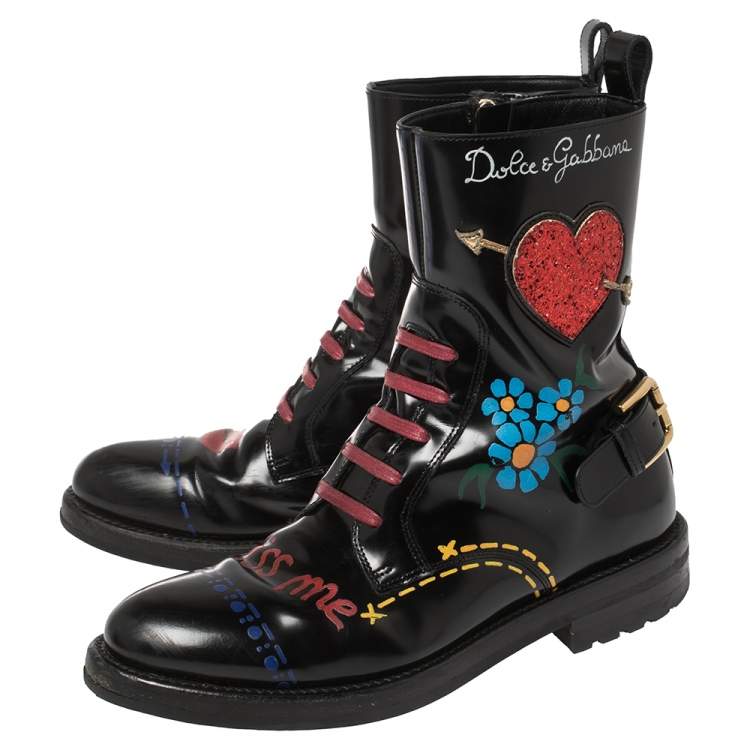 Pre Owned Dolce & Gabbana Black/Red Leather And Glitter Heart Kiss Me Ankle Boots Size 36