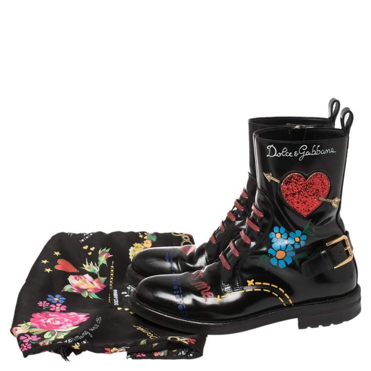 Pre Owned Dolce & Gabbana Black/Red Leather And Glitter Heart Kiss Me Ankle Boots Size 36