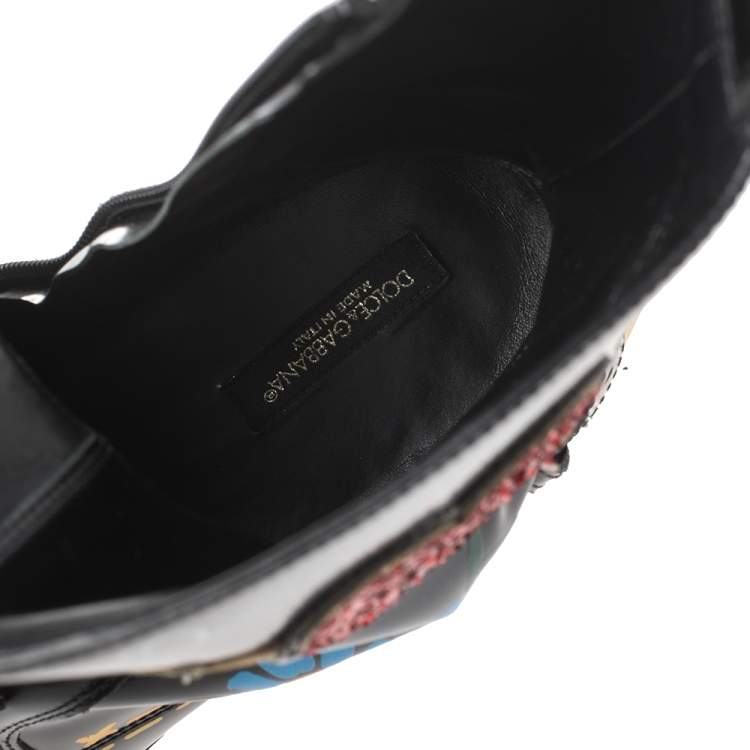 Pre Owned Dolce & Gabbana Black/Red Leather And Glitter Heart Kiss Me Ankle Boots Size 36
