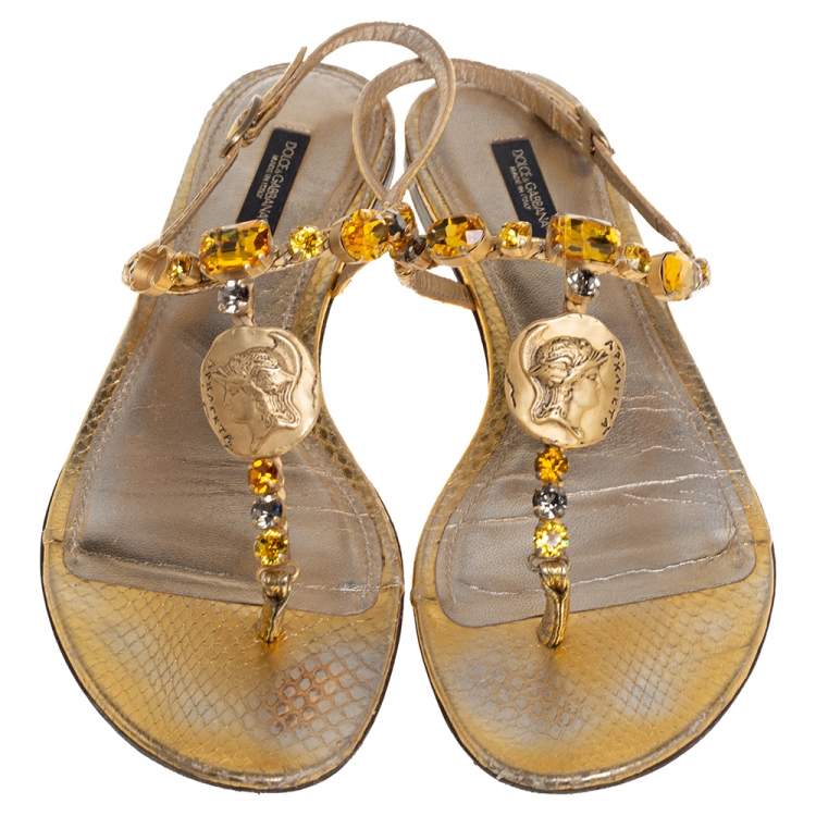 مملوكة مسبقًا Dolce & Gabbana Gold Snakeskin Coin and Crystal Embellished Thong Flats Size 39