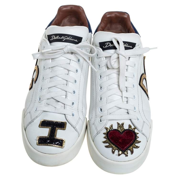 مملوكة مسبقًا Dolce & Gabbana White Leather Sacred Heart Low Top Sneakers Size 38.5