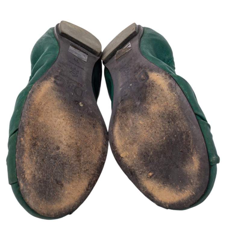 Pre Owned Dolce & Gabbana Green Leather Bow Scrunch Ballet Flats Size 39