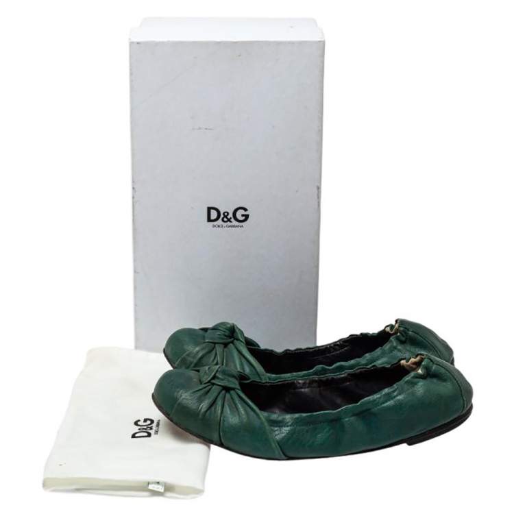 Pre Owned Dolce & Gabbana Green Leather Bow Scrunch Ballet Flats Size 39