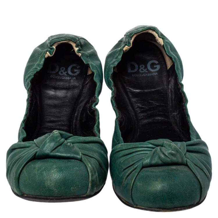 Pre Owned Dolce & Gabbana Green Leather Bow Scrunch Ballet Flats Size 39
