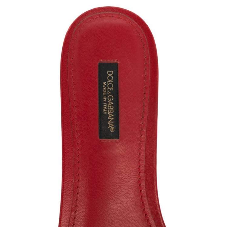 Pre Owned  Dolce & Gabbana Red Leather Pom Pom And Mirror Embellished Flat Sandals Size 38