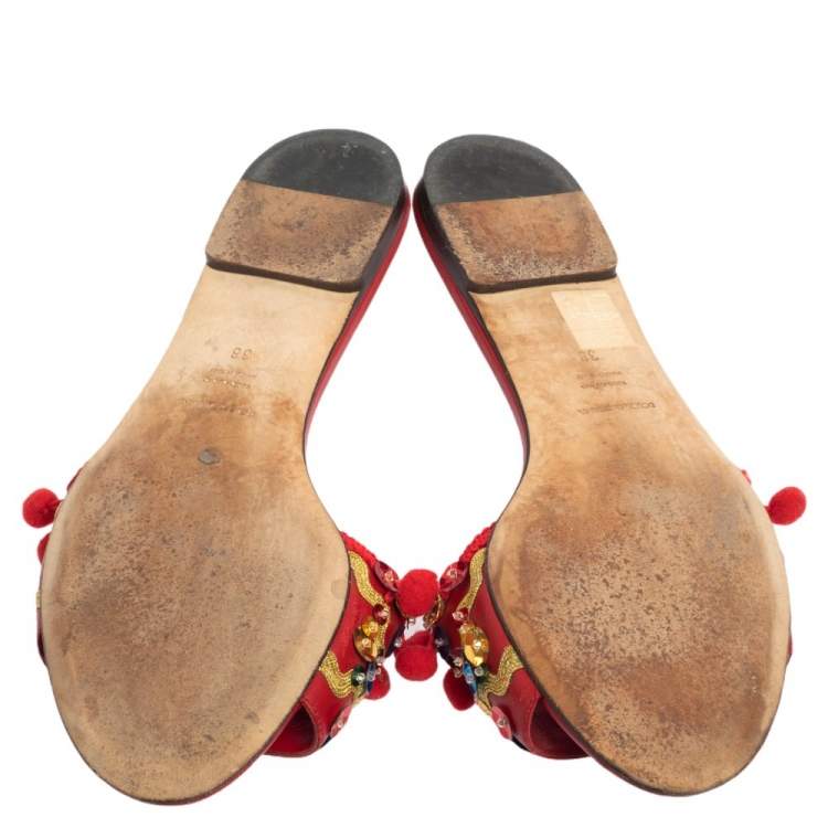 Pre Owned  Dolce & Gabbana Red Leather Pom Pom And Mirror Embellished Flat Sandals Size 38