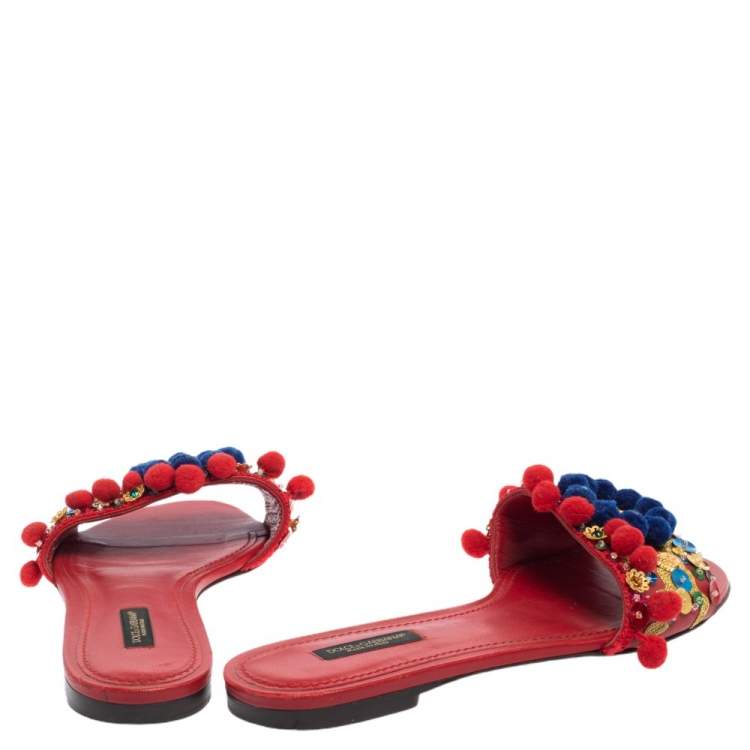 Pre Owned  Dolce & Gabbana Red Leather Pom Pom And Mirror Embellished Flat Sandals Size 38