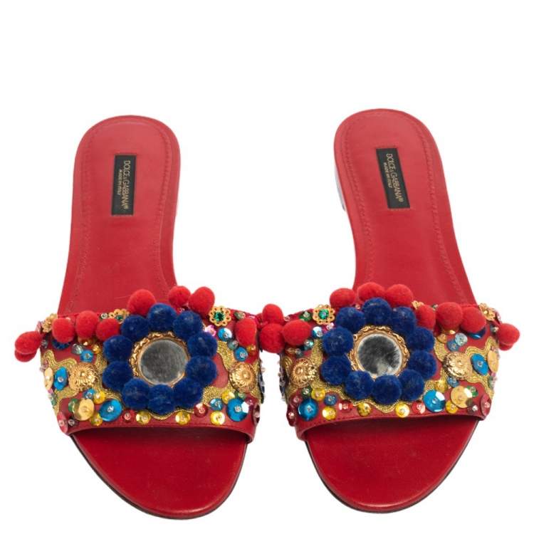Pre Owned  Dolce & Gabbana Red Leather Pom Pom And Mirror Embellished Flat Sandals Size 38