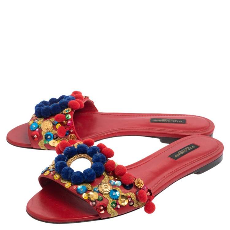Pre Owned  Dolce & Gabbana Red Leather Pom Pom And Mirror Embellished Flat Sandals Size 38
