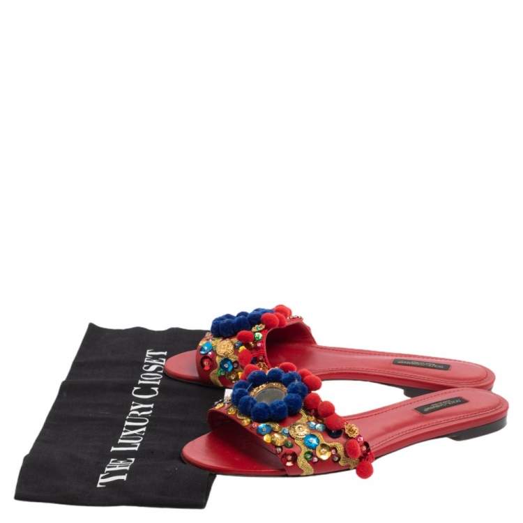 Pre Owned  Dolce & Gabbana Red Leather Pom Pom And Mirror Embellished Flat Sandals Size 38