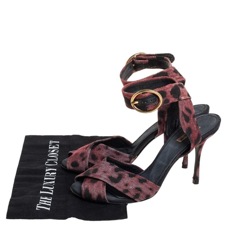 Pre Owned Dolce & Gabbana Multicolor Leopard Print Fabric Cross Detail Ankle Strap Sandals Size 40