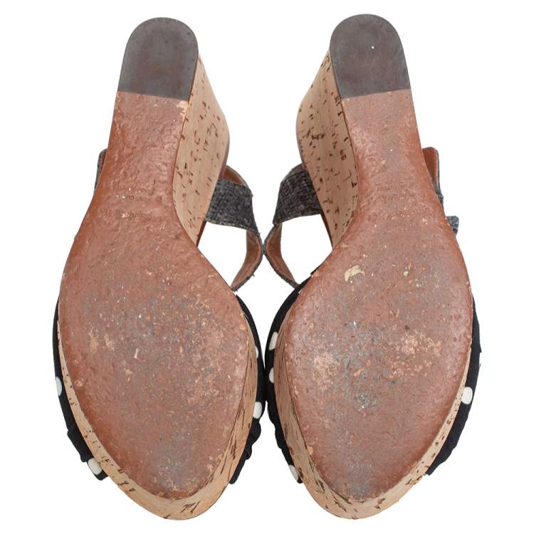 Pre Owned Dolce & Gabbana Black Polka Dot Fabric and Raffia Knot Cork Wedge Sandals Size 38